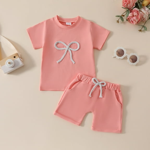 Spazoro Toddler Girls Cute Outfit Sets, Solid Color Summer 2-Pieces Cotton Short Sleeve Shirt and Shorts Sets Pink Size 12 Months