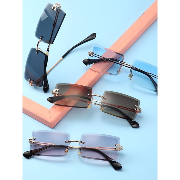 4pcs Rimless Rectangle Sunglasses, Frameless Square Glasses Vintage Transparent Eyewear for Women Men