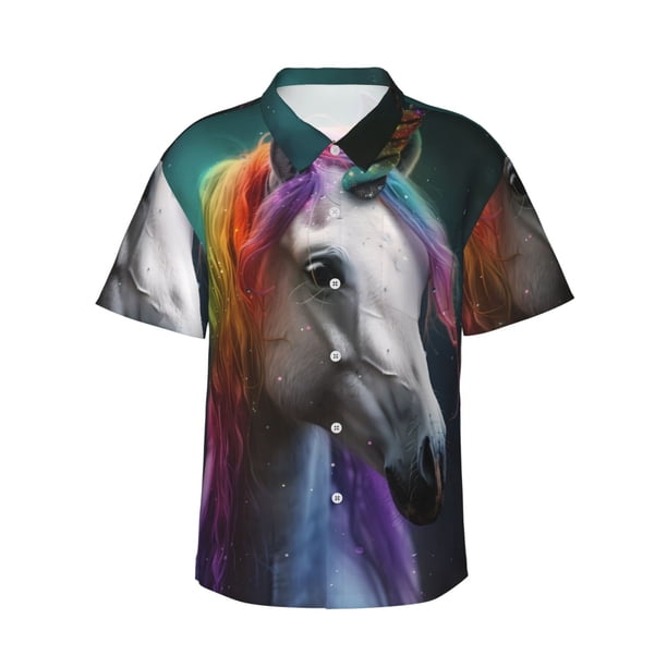 Fotbe Colorful Haired White Horse Camisa Hawaiana para Hombre Unisex – Camisa Casual de Verano con Botones de Manga Corta de Algodón y Lino,3X-Large