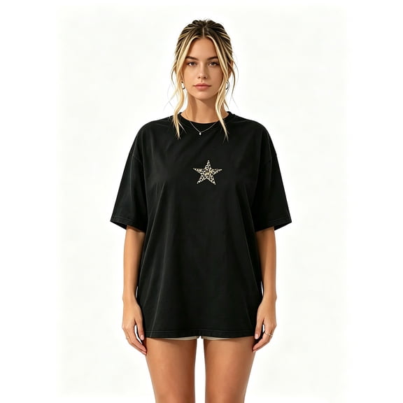Women's Oversized Black T-Shirt with Leopard Print Star Graphic, Loose Fit Casual Streetwear Tee Top