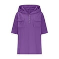 thumbnail image 4 of Wyobmus Womens Button Down Shirts Short Sleeve Button Up Shirts With Hooded Casual V Neck Summer Loose Fit Beach Tops With 2 Front Pockets S-2X Purple, 4 of 6
