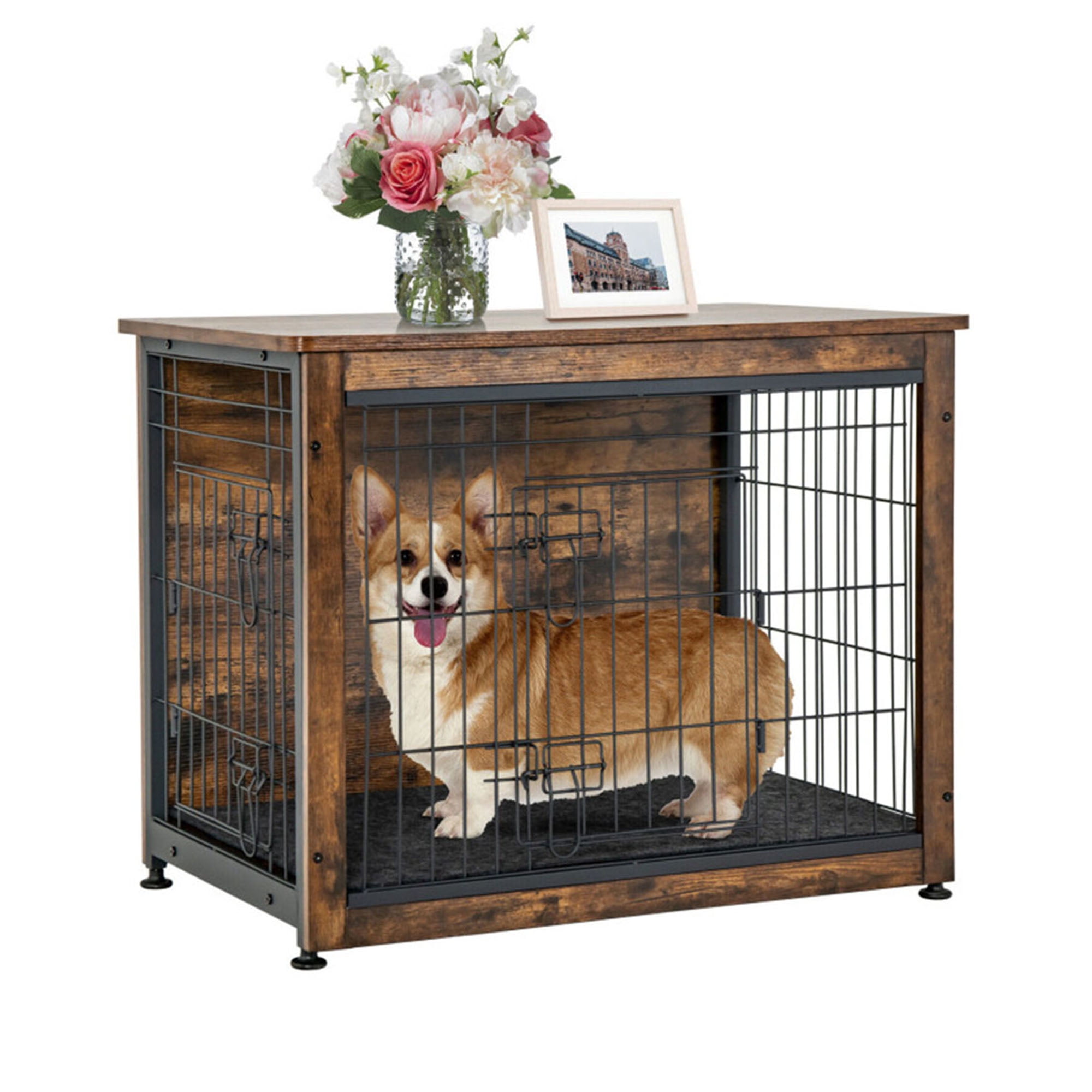 Kadyn 32" Dog Crates for Dogs with Tray and Double Door, Wood Indoor Dog Cages Furniture, Brown