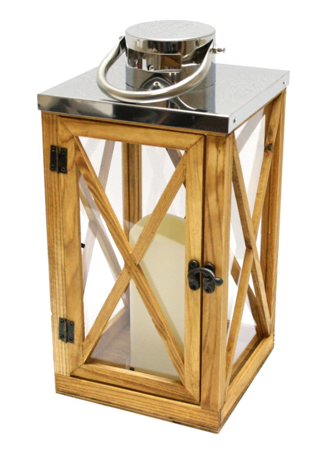 Gerson 13.5" Rustic Wood and Stainless Steel Lantern with LED Flameless Pillar Candle with Timer