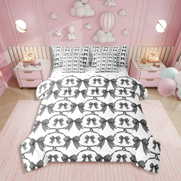 Cartoon Bowknot 7 Piece Comforter Set Twin Bow Knot Bedding Butterfly Knot Bow Tie Sheet Set Bed in A Bag Watercolor Aesthetic Coquette Room Decor Geometric Grey Black Duvet Insert
