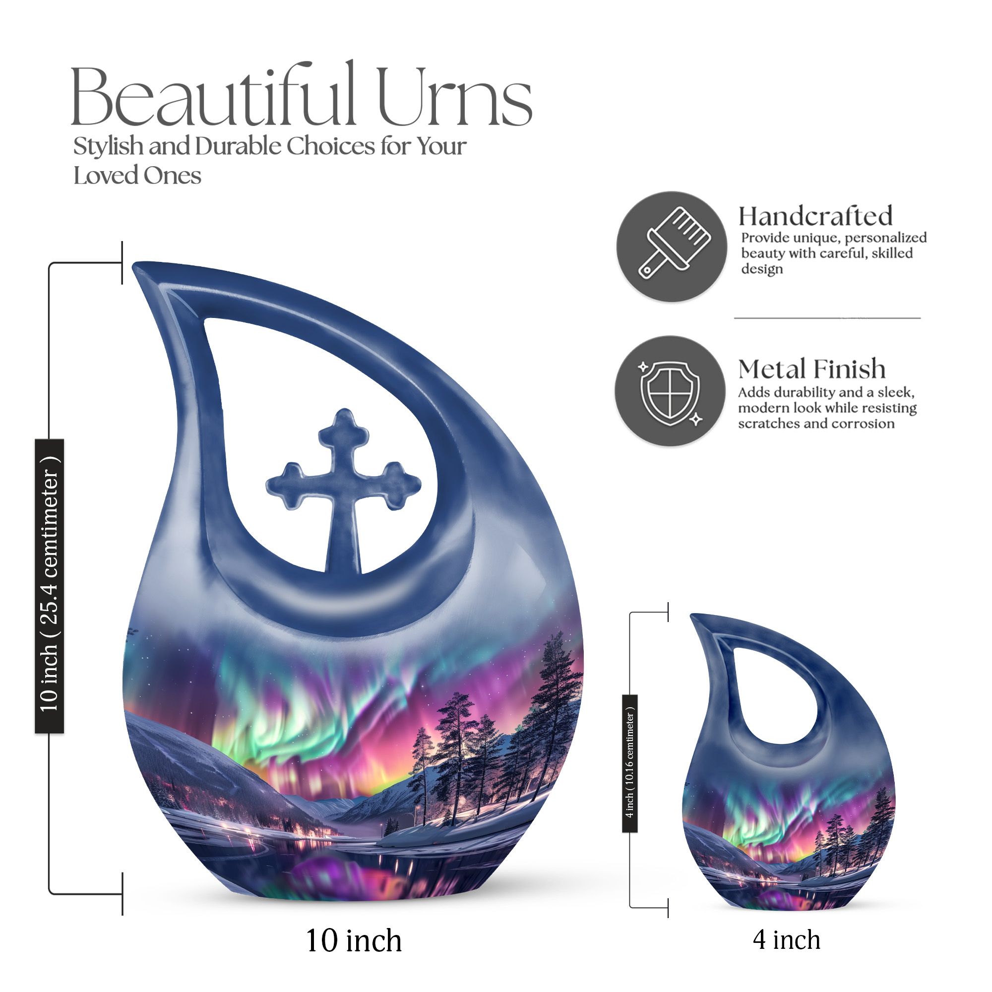 MUKTIVE Aurora Borealis Memorial Urns for Adult Male - Large Purple Funeral Urn for Ashes for Women - Cross Drop Cremation Urn - Decorative Northern Light Urns for Burial - 10 Inch