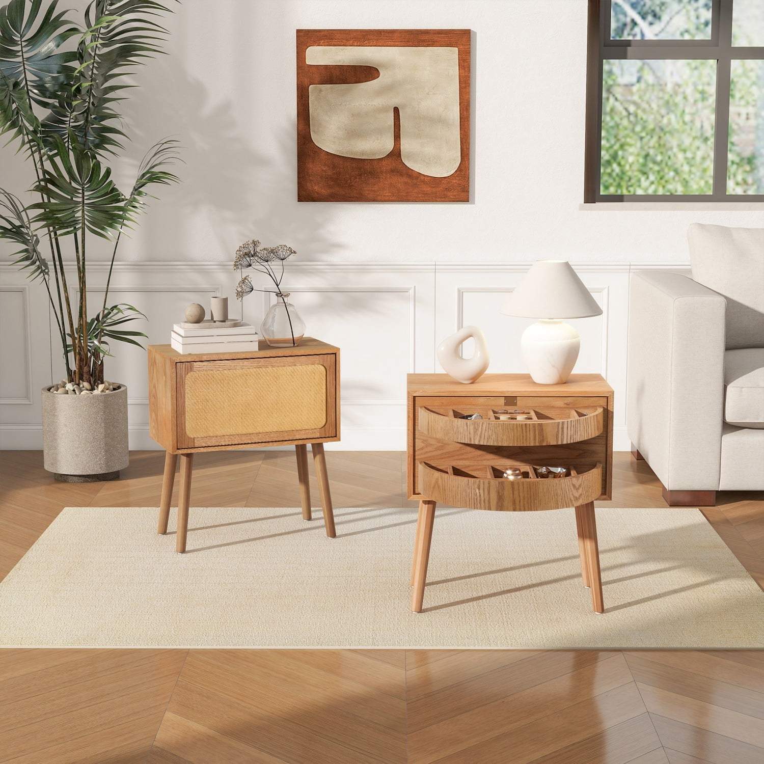 Rotating Hidden Compartment Nightstand, Mid Century Modern Rattan Bedside Table with Concealed Storage, Wood Legs End Table for Bedroom Living Room Dorm, Natural