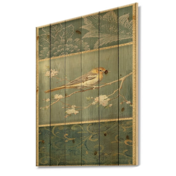 Designart 'Farmhouse Triptych of Blue Ornaments And Oriole' Farmhouse Print on Natural Pine Wood