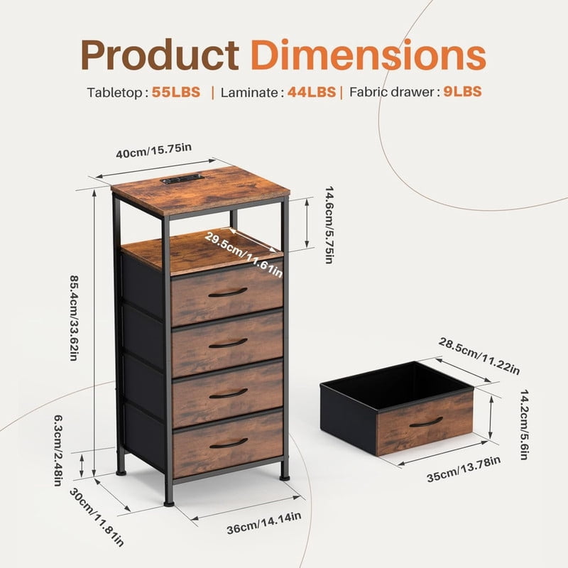 Kelno Nightstand with Charging Station Variable LED Strip End Table with 4 Fabric Drawers USB TypeC Outlets,Rustic Brown