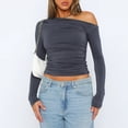 thumbnail image 4 of Top De Manga Larga Camisa básica de mujer Top Color sólido Estilo sexy Hombro inclinado Ropa de calle Traje Cgtredaw Gris L para Mujer, 4 of 6
