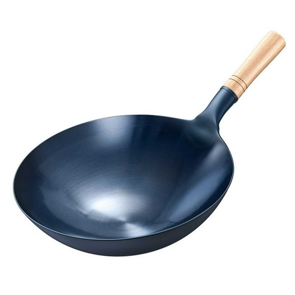 Wok Pan, Chinese Gas Cookware Cooking Frying Pan, Hand-hammered Carbon Steel Wok Pan with Wooden Handle for Restaurant Kitchen Camping Hotel