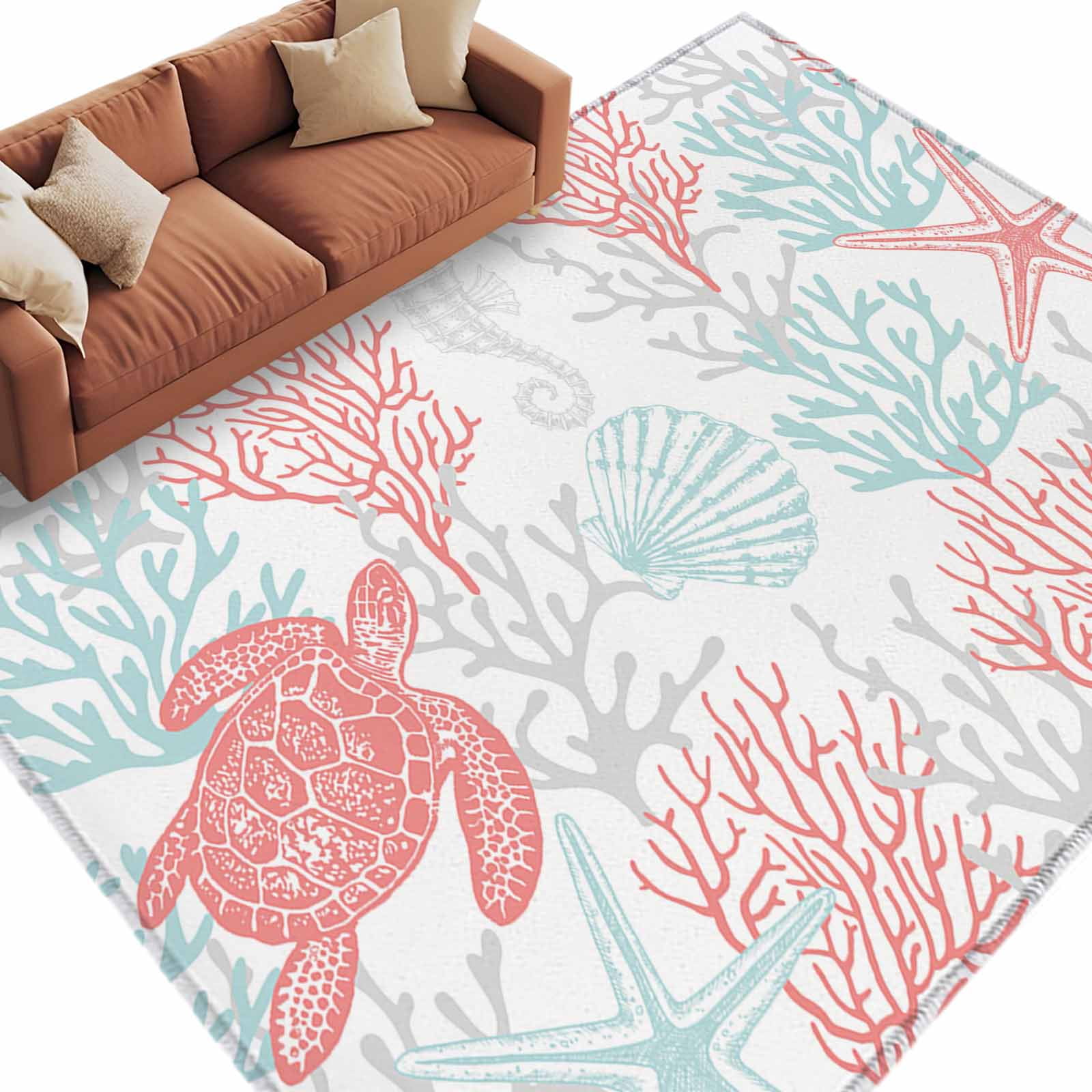 Rectangle Rug 6x9ft Area Rug Underwater Marine Coral Starfish Turtle Area Rugs for Living Room Bedroom Colorful Ocean Life on White Floor Mat Non-Slip Non-Shedding Carpet Indoor Accent Rugs