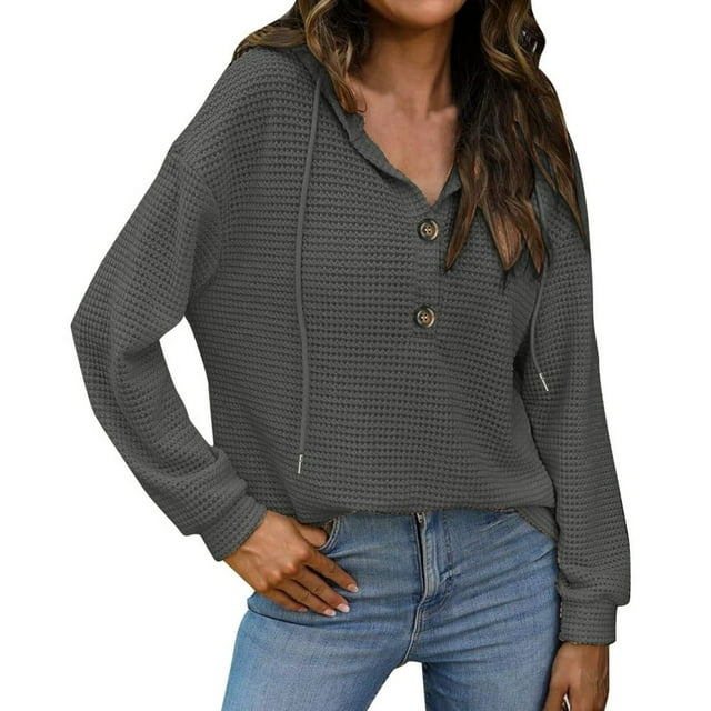 Femmes V Cou Sweat à Capuche Demi Bouton Sweat-Shirt à Manches Longues Pull Tops
