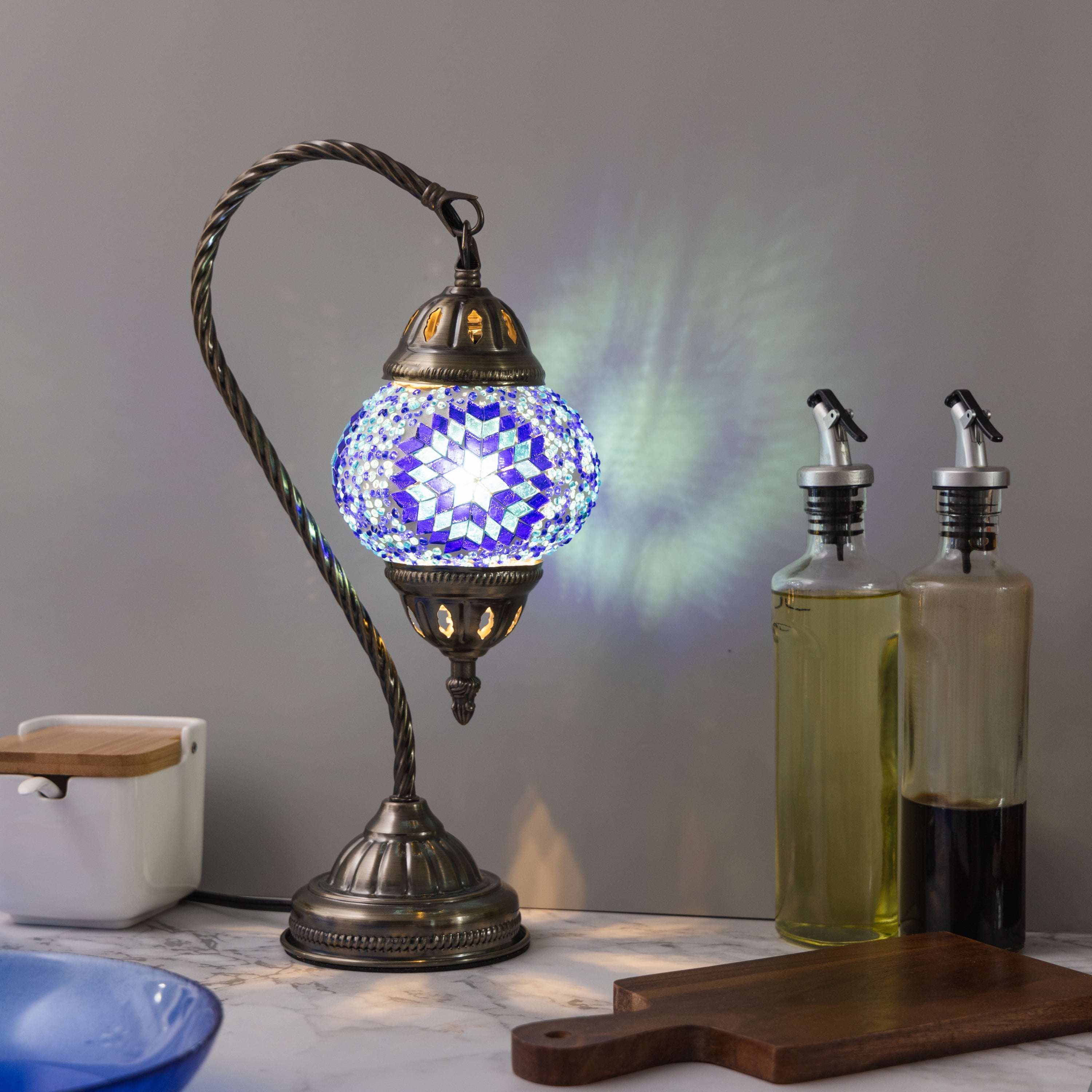 KRAFTSTORIES Turkish Mosaic Swan Neck Lamp Making Kit| DIY Colorful Glass Decorative Nightstand Table Light| Craft Kit |Make Your Own Lamp | Living Room Bedroom | Antique Bronze Base (Blue)