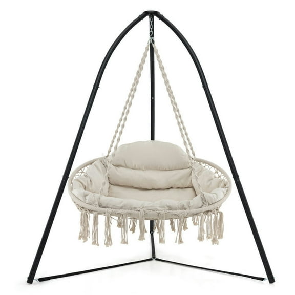 Spaco Hand-Woven Rope Hanging Chair with Removable Ultra-Soft Cushion, Hanging Chair with Thick Cushion and Folding Metal Frame, Hanging Chair for Indoor and Outdoor, Beige
