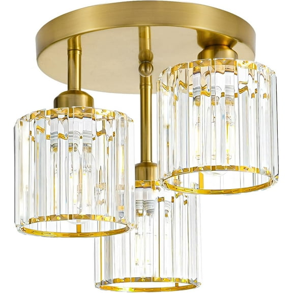 JLPAN Crystal Semi Flush Mount Ceiling Light,3-Light Modern Ceiling Light Fixtures,Black Kitchen Light Fixtures with Clear Crystal Shade,Hallway Light Fixtures for Hallway Bedroom Bathroom,Gold