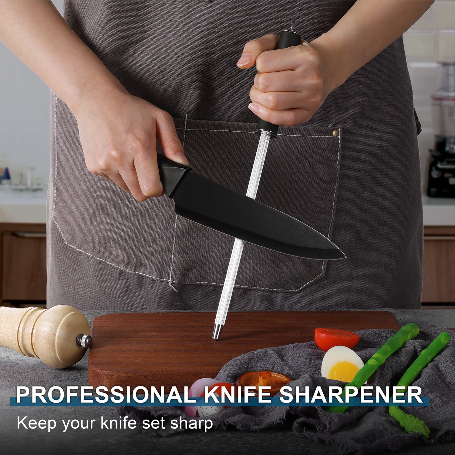 Walchoice 15 Pieces Knife Set with Block, High Carbon Stainless Steel Kitchen Knife Set with Sharpener, Rust Resistant & Dishwasher Safe - Black