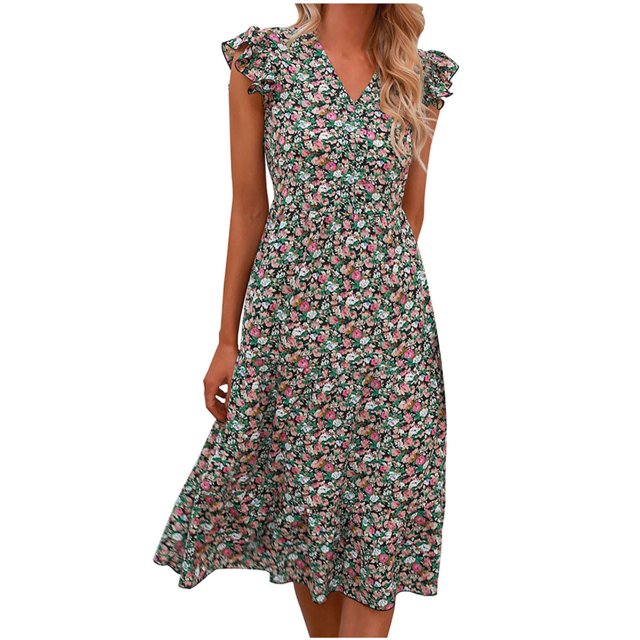 Vestido largo con estampado de volantes sin mangas suelto con cuello en V bohemio a la moda para mujer Fridja hjkh7064