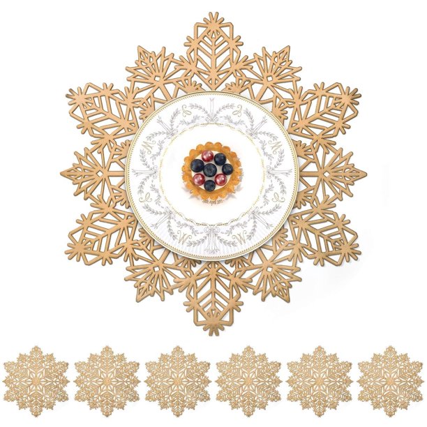 Manteles Individuales de Copo de Nieve 6PCS, 38cm PVC Material Copo de Nieve Manteles Individuales, Decoración de Mesa para Festivales de Invierno Fiestas de Navidad Fiestas de Navidad, Dorado