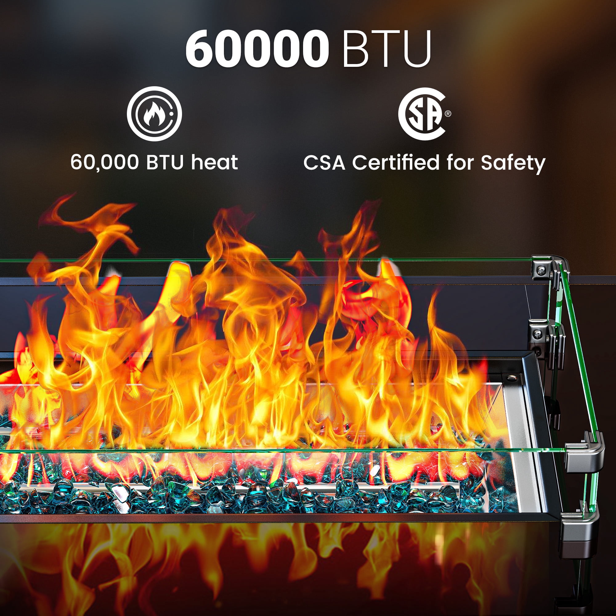 Philergo 43" Propane Fire Pit Table with Tempered Glass Tabletop, 60,000 BTU Rectangular Gas Fire Pit with Blue Glass Rocks, Wind Guard and Lid for Outdoor, Patio, CSA-Listed, Adjustable Feet Pad