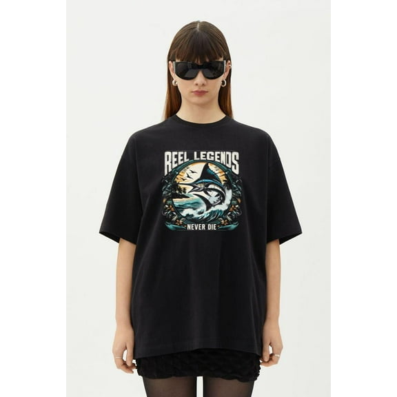 Reel Legends Never Die Ocean Fishing Marlin Graphic T-Shirt, for men & women, up to size 5XL