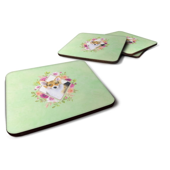 Carolines Treasures CK4327FC Corgi Green Flowers Foam Coaster Set of 4 3 1/2 x 3 1/2 multicolor