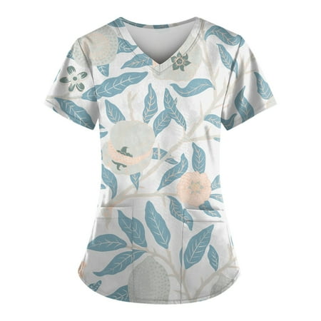

Yubatuo Independence Day Women Plus Size Scrubs Top with Pockets V-Neck Short Sleeve Printed Work Blouse for Women Light Blue 5XL