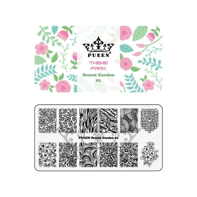 PUEEN Placa de estampado para decoración de uñas - Jardín Secreto 01 - Colección de parques temáticos 125x65 mm Kit único de accesorios para placas de imagen de manicura con estampado de esmalte de uñ