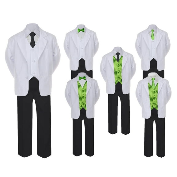 5-7pc Formal Black White Suit Set Lime Bow Long Tie Vest Boy Baby Sm-20 Teen