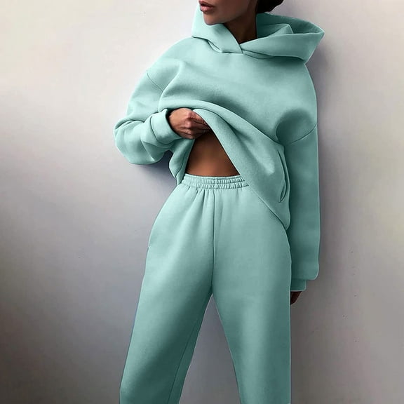Fulijie Fruit Of Loom Ladies Sweat Suits,Womens Sweatshirts & Hoodies,Women Solid Solor Casual Fashion Long Pants With Thick Sleeve Hoodie Suit