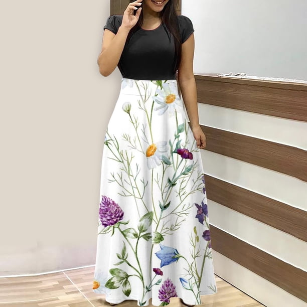 ICHUANYI Clearance Women's Floral Print Colorful Summer Dress Short Sleeve Dresses Beach Casual Maxi Sundress(White, XL) ICHUANYI WER2023081116405