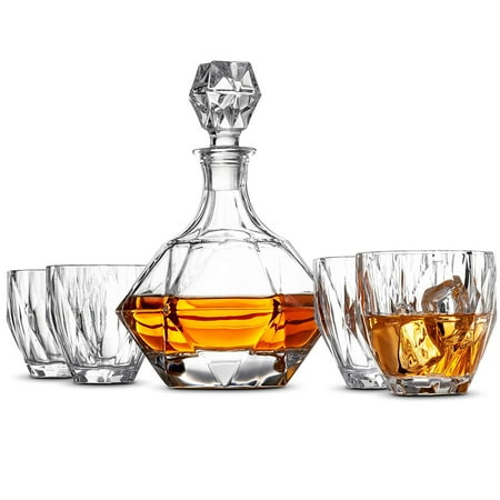 Arabesque Clear Crystal Gift - Crystal Whiskey Decanter Set - High-End 5-Piece Whiskey Decanter Set, Weighted Bottom European Design 12 oz whiskey Glasses 100% Lead Free Crystal Clear For Scotch Liquor Bourbon Etc. with Gift Box