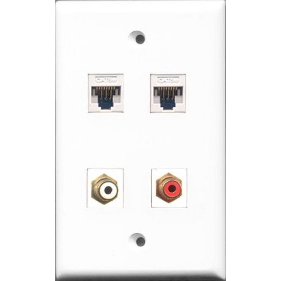 RiteAV - 1 Port RCA Red and 1 Port RCA White 2 Port Cat5e Ethernet White Wall Plate
