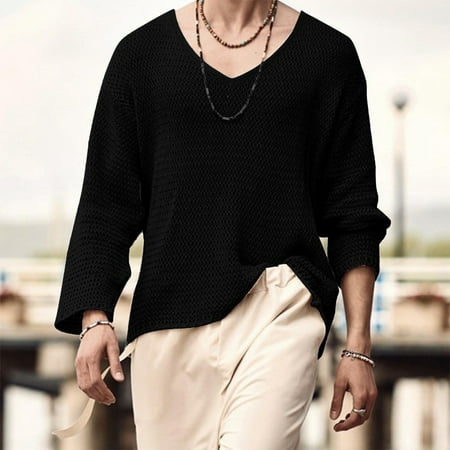 

KDJ Mens Casual Hollow Out Long Sleeve V-neck Knitted Fitness Loose Streetwear Top
