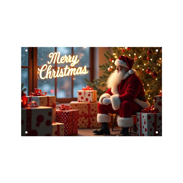 Banderín Para Puerta De Garaje Exterior Con Diseño De Papá Noel Sentado Bajo El Árbol De Navidad. Gran Decoración Navideña Para Cubrir La Puerta. Temporada De Exteriores. Puerta De Garaje. Pared Del