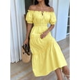 thumbnail image 5 of Women Off Shoulder Dresses Trendy Puff Short Sleeve Ruffle Flowy A Line Beach Party Maxi Dress Yellow S, 5 of 9