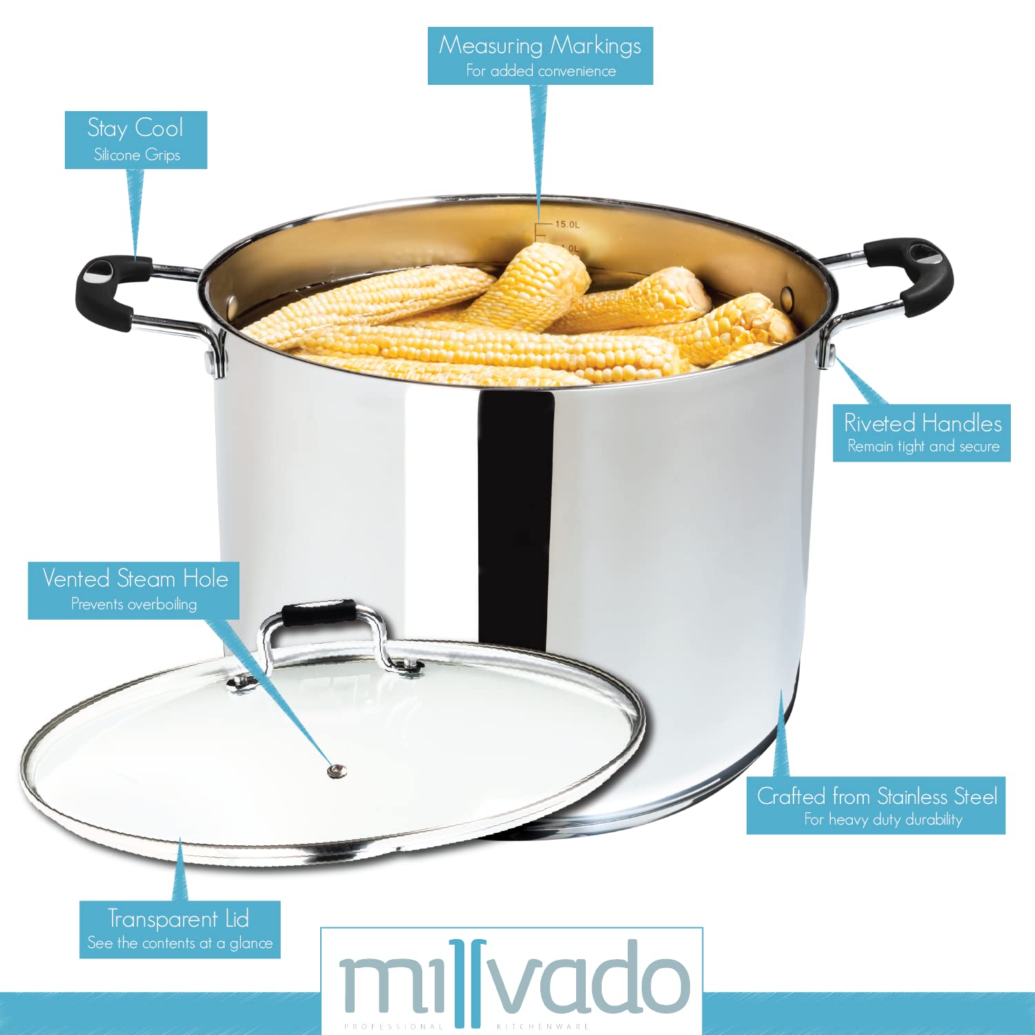 Millvado Stock Pot, Large Stainless Steel 17 Quart StockPot, Large Cooking Pot, Clear Glass Lid and Measurement Markings, Steam Hole, Induction, Gas, Electric Compatible Big Boiling Pot - image 2 of 7