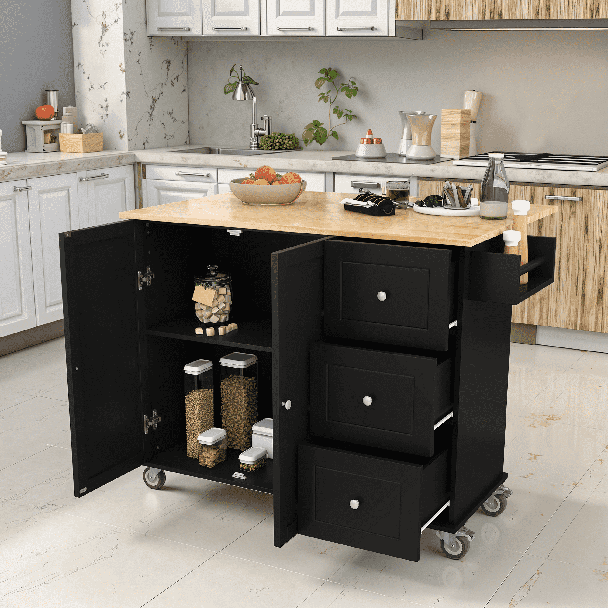 MAYEERTY Rolling Mobile Kitchen Island with Drop Leaf, Locking Wheels & Storage Cabinet