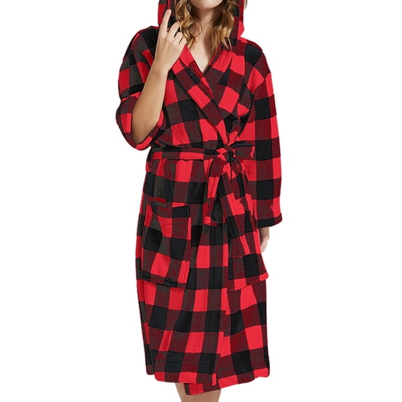 Dyfzdhu Robes for Women Hooded Fleece Bathrobe Lightweight Warm Plush Long Flannel Sleepwear Robe