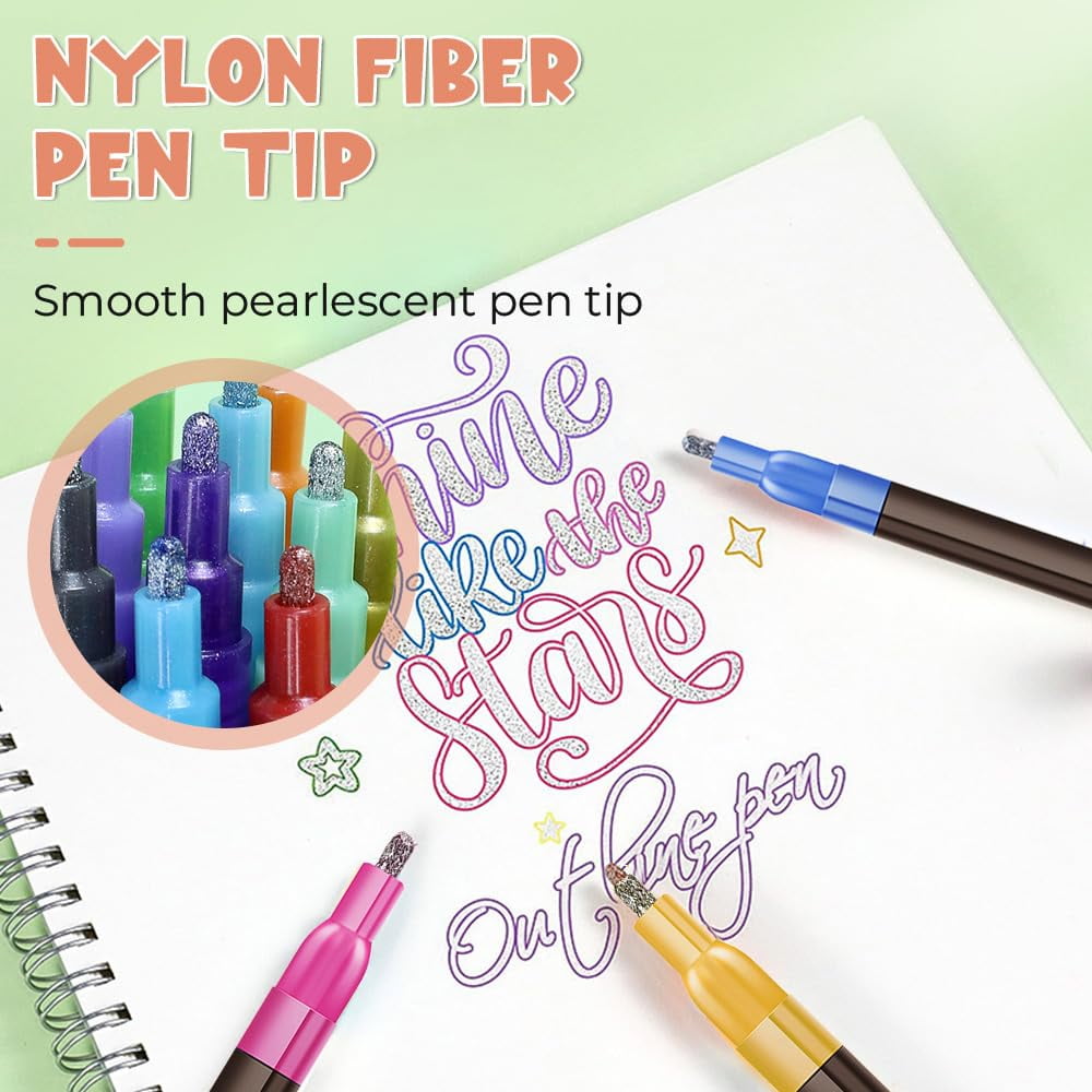 Dual-Line Sparkle Contour Pen – Metallic & Glitter Self-Outlining Markers for Writing & Drawing, Available in 8 to 36 Colors(36PCS)