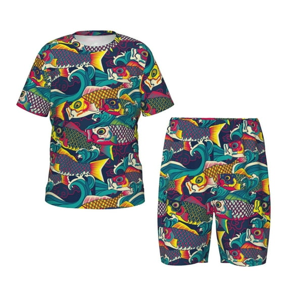 Balery Colorful Carp Streamer Conjunto de Pijama Infantil de Manga Corta con Estampado – Ropa de Dormir de Algodón Suave-Large