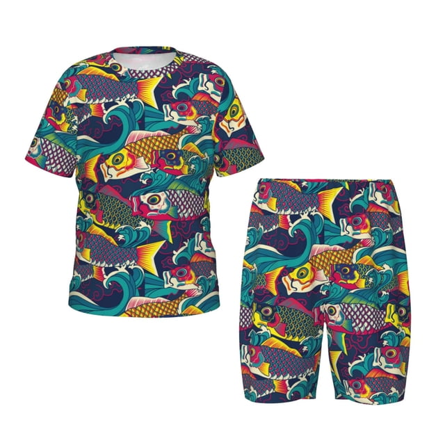 Balery Colorful Carp Streamer Conjunto de Pijama Infantil de Manga Corta con Estampado – Ropa de Dormir de Algodón Suave-X-Large