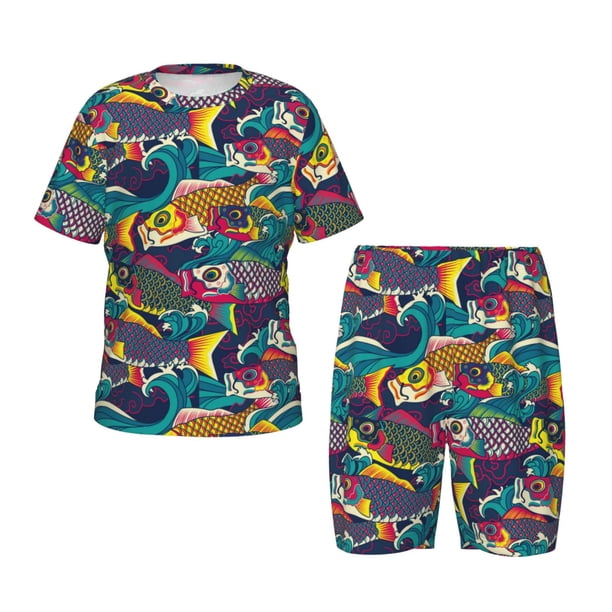 Balery Colorful Carp Streamer Conjunto de Pijama Infantil de Manga Corta con Estampado – Ropa de Dormir de Algodón Suave-4X-Large