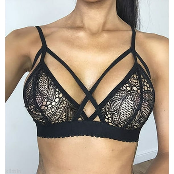 Floral Sheer Lace Triangle Bralette Strappy Bra Crop Top Bustier Unpadded  Mesh