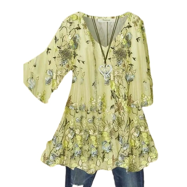 MAWCLOS Women Blouse V Neck Tops Ruched Tunic Shirt Elegant Beach Floral Print Pullover #15 2XL