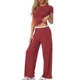 thumbnail image 4 of Conjuntos de pijama para mujer INSPIRE CHIC, camiseta de manga corta de punto, pantalones anchos de pierna larga con volantes, atuendos de 2 piezas, conjuntos de lounge Pj M color burdeos, 4 of 6