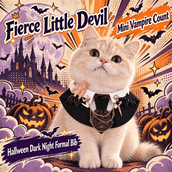 Halloween Gothic Adjustable Pet Clothes Bib Pet Collar with Bat Wings, Embossed Tie, Chain Decor for Small Medium Dogs Cats