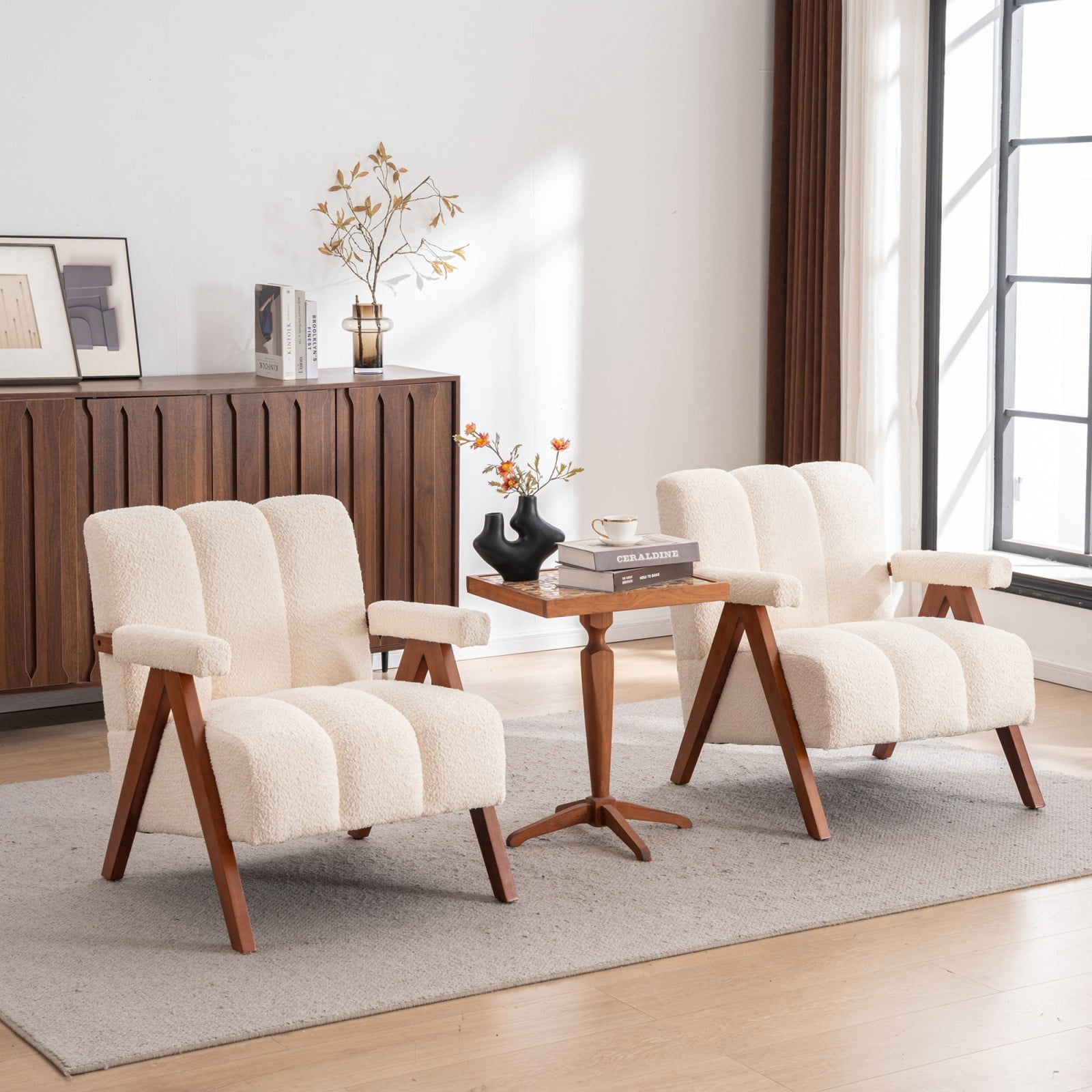 Mid-Century Modern Accent Chair Set of 2, Cloud-Shaped Chenille Lounge Armchair with Solid Oak Wood Frame, Upholstered Reading Chair for Living Room Bedroom Balcony, Beige
