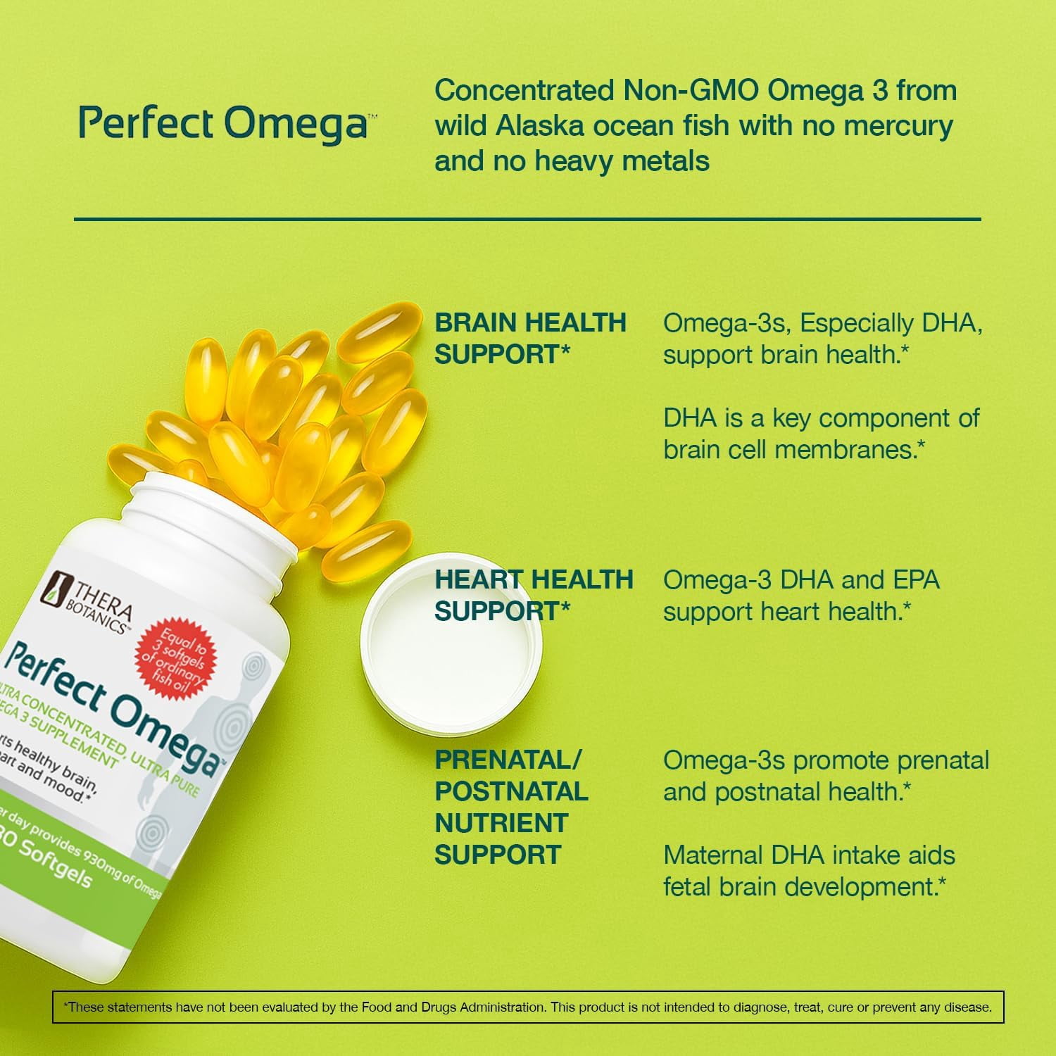Perfect Omega Fish Oil Supplement by Therabotanics - EPA & DHA - High Absorption, Concentrated Omega 3 for Cardiovascular / Heart, Brain, Eye, & Metabolic Health. 30 Alaskan Fish Oil Softgels