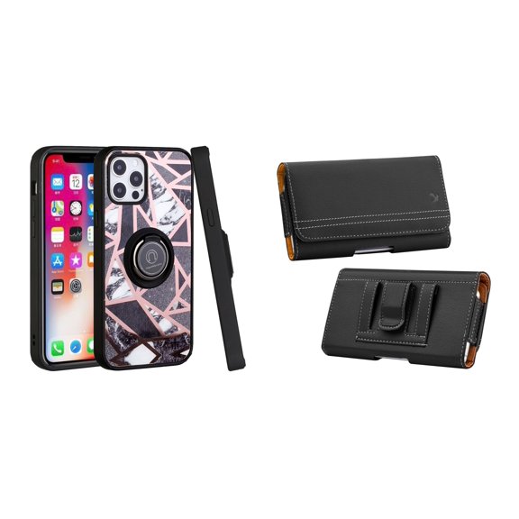 Bemz Ring Series Case for iPhone 14 Pro Max (TPU Silicone Cover with Magnetic Stand) and PU Leather Magnetic Travel Belt Holster Pouch - Black White Marble