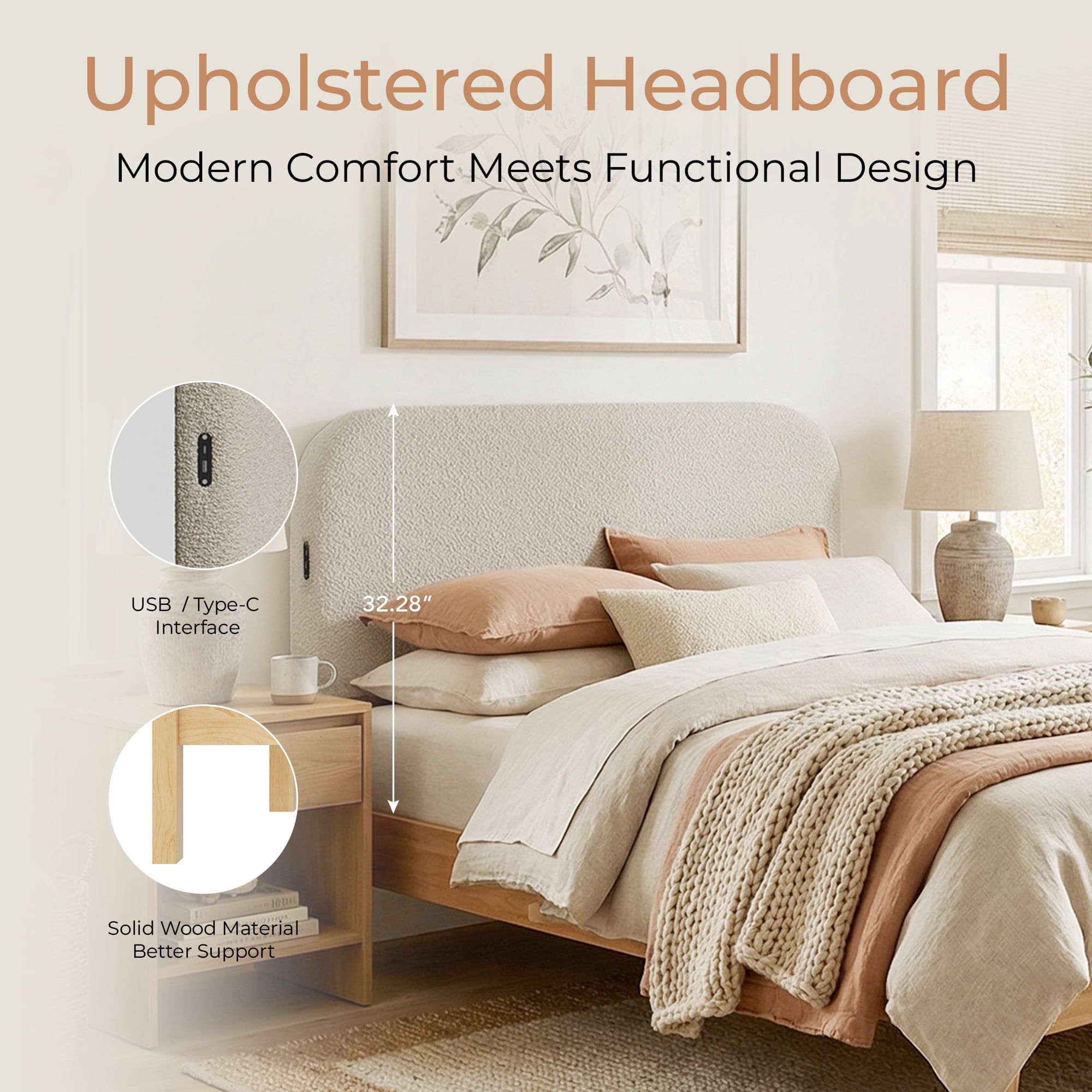 Spruce & Spring Mid-Century Modern Upholstered Platform Bed with USB Charging, Boucle Headboard, No Box Spring Needed, Full Size Bed Frame, Oak